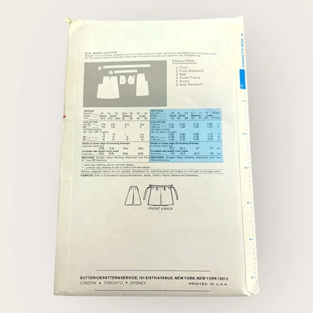 Vintage Butterick Sewing Pattern 5213 Misses Culottes Size Medium